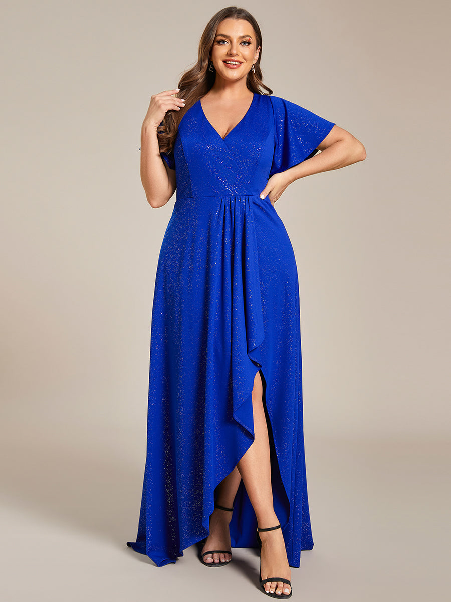 Color=Sapphire Blue |Plus Tea Length Split Shiny Wholesale Evening Dresses With Ruffle Sleeves-Sapphire Blue 4