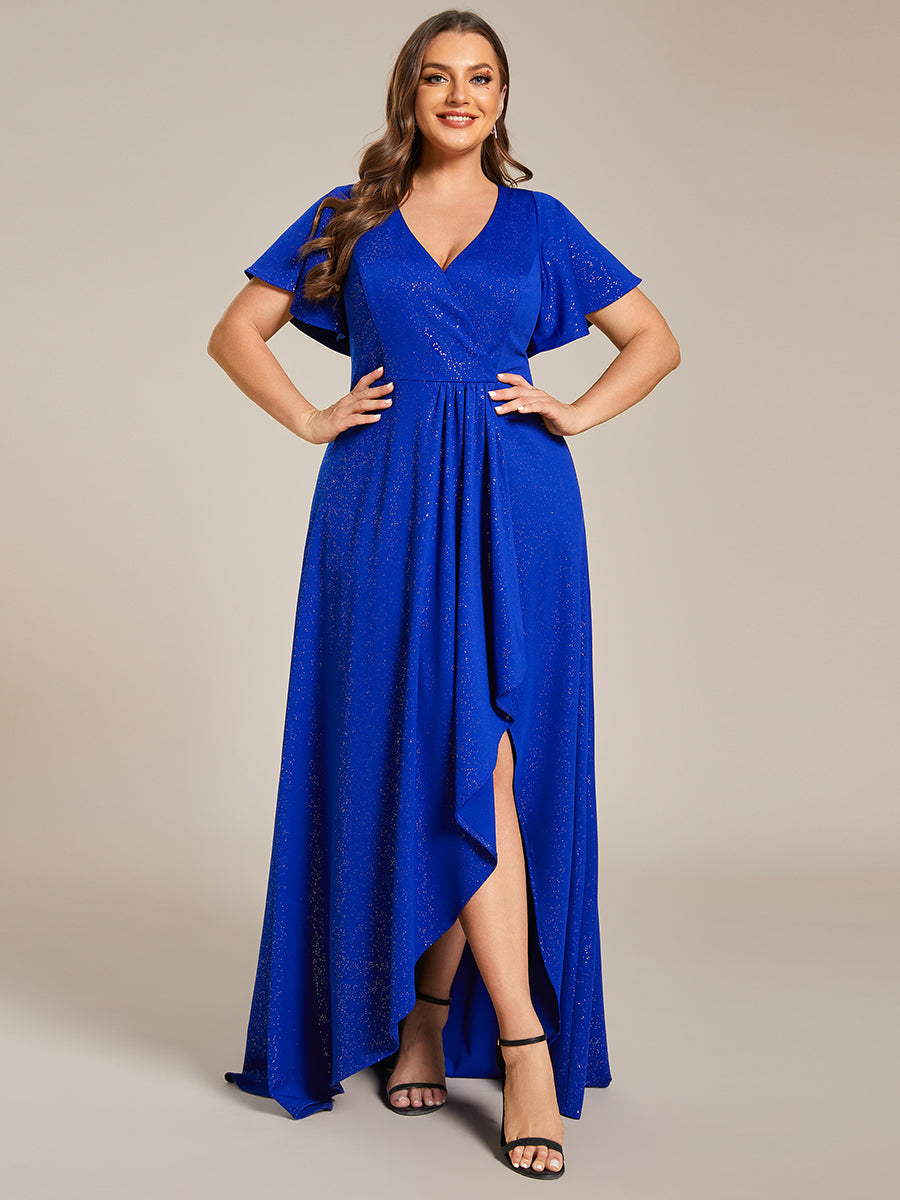 Color=Sapphire Blue |Plus Tea Length Split Shiny Wholesale Evening Dresses With Ruffle Sleeves-Sapphire Blue 1