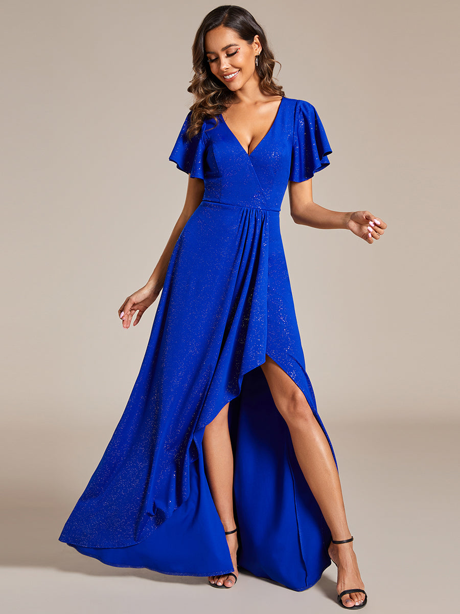 Color=Sapphire Blue | Tea Length Split Shiny Wholesale Evening Dresses With Ruffle Sleeves-Sapphire Blue 4