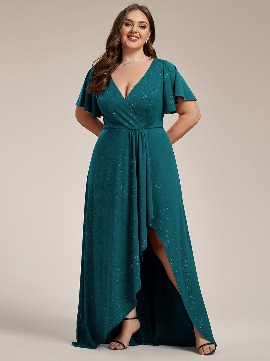 Color=Teal |Plus Tea Length Split Shiny Wholesale Evening Dresses With Ruffle Sleeves-Teal 1