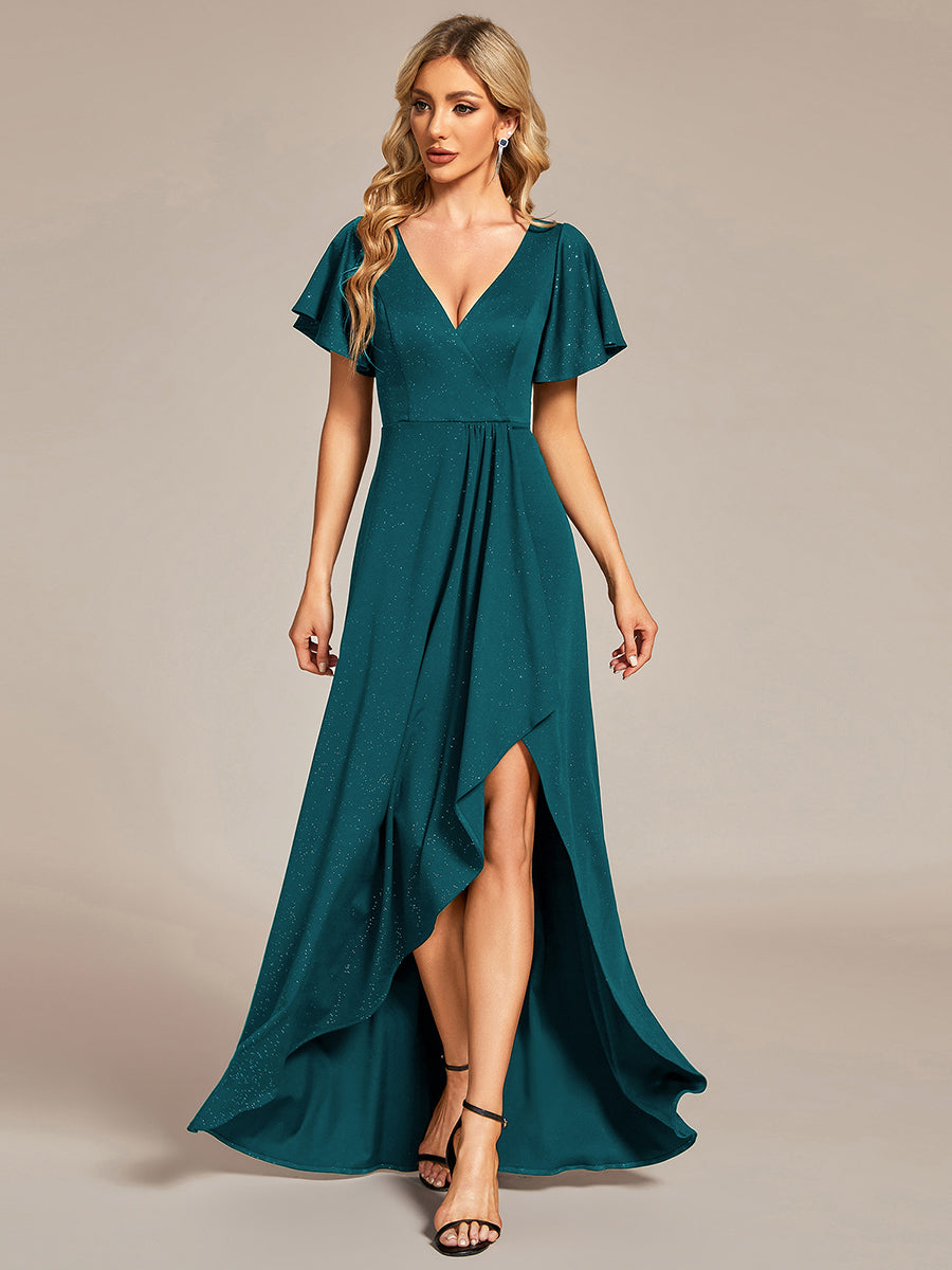Color=Teal | Tea Length Split Shiny Wholesale Evening Dresses With Ruffle Sleeves-Teal 1