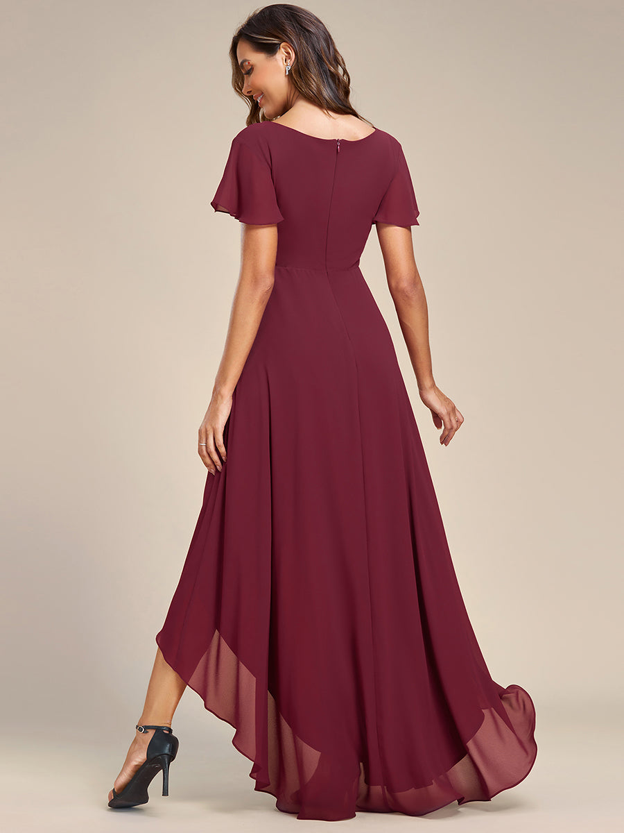 High Low Short Sleeve Chiffon Wholesale Evening Dresses#Color_Burgundy