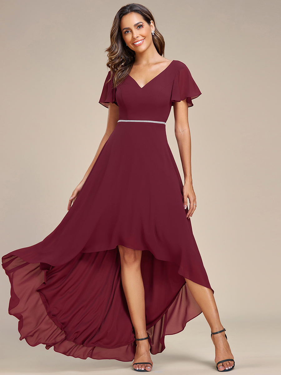 High Low Short Sleeve Chiffon Wholesale Evening Dresses#Color_Burgundy
