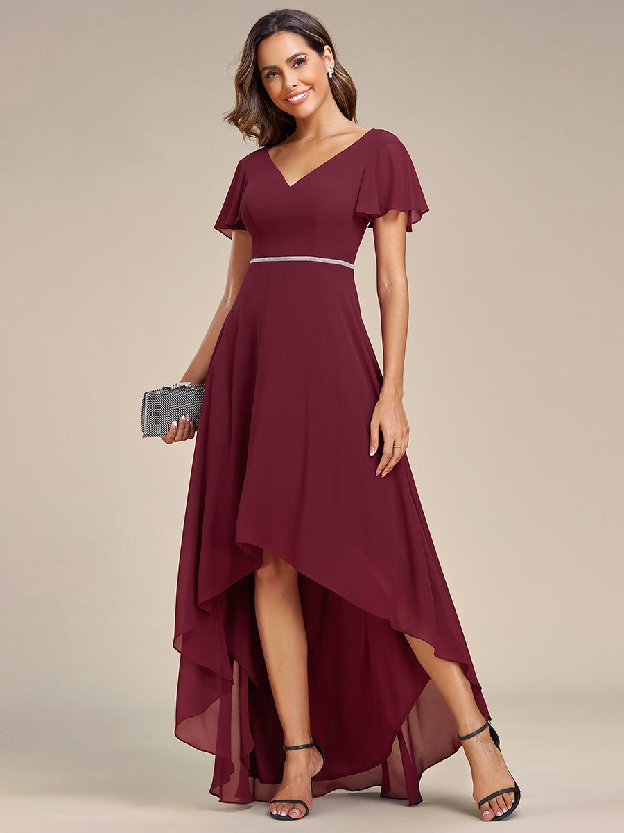 High Low Short Sleeve Chiffon Wholesale Evening Dresses#Color_Burgundy