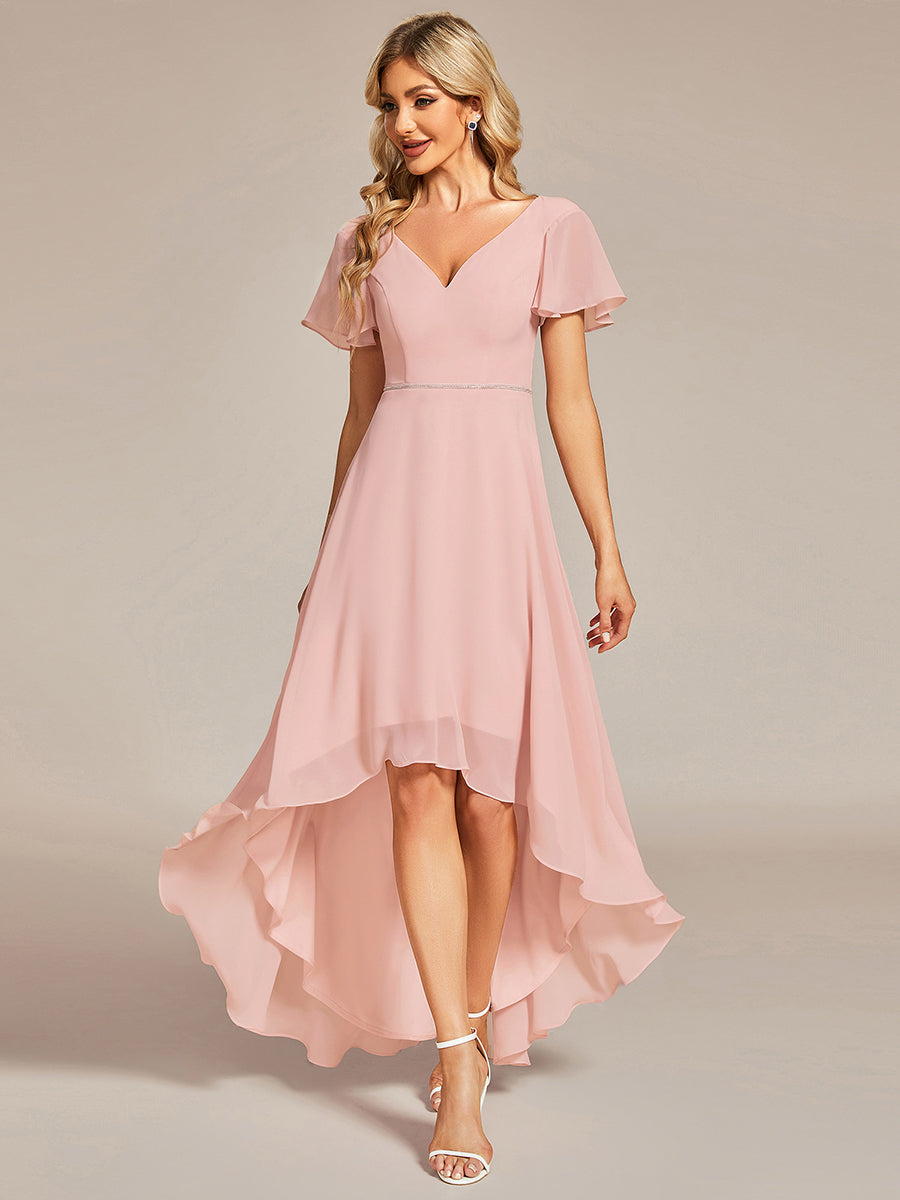 High Low Short Sleeve Chiffon Wholesale Evening Dresses#Color_Pink