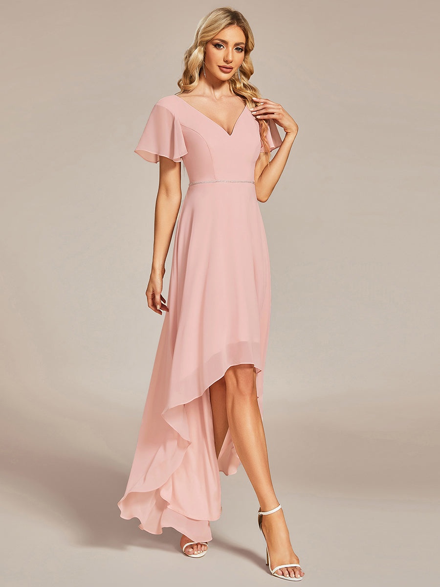 High Low Short Sleeve Chiffon Wholesale Evening Dresses#Color_Pink