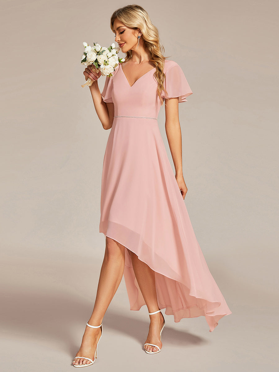 High Low Short Sleeve Chiffon Wholesale Evening Dresses#Color_Pink