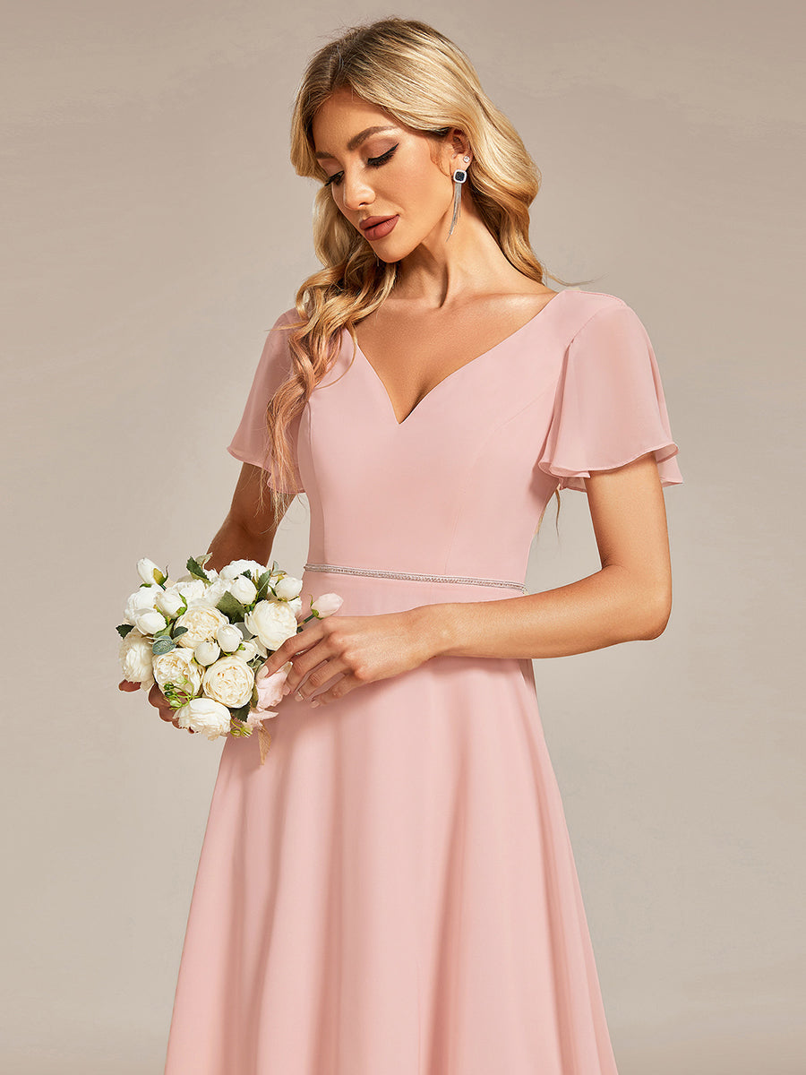 High Low Short Sleeve Chiffon Wholesale Evening Dresses#Color_Pink