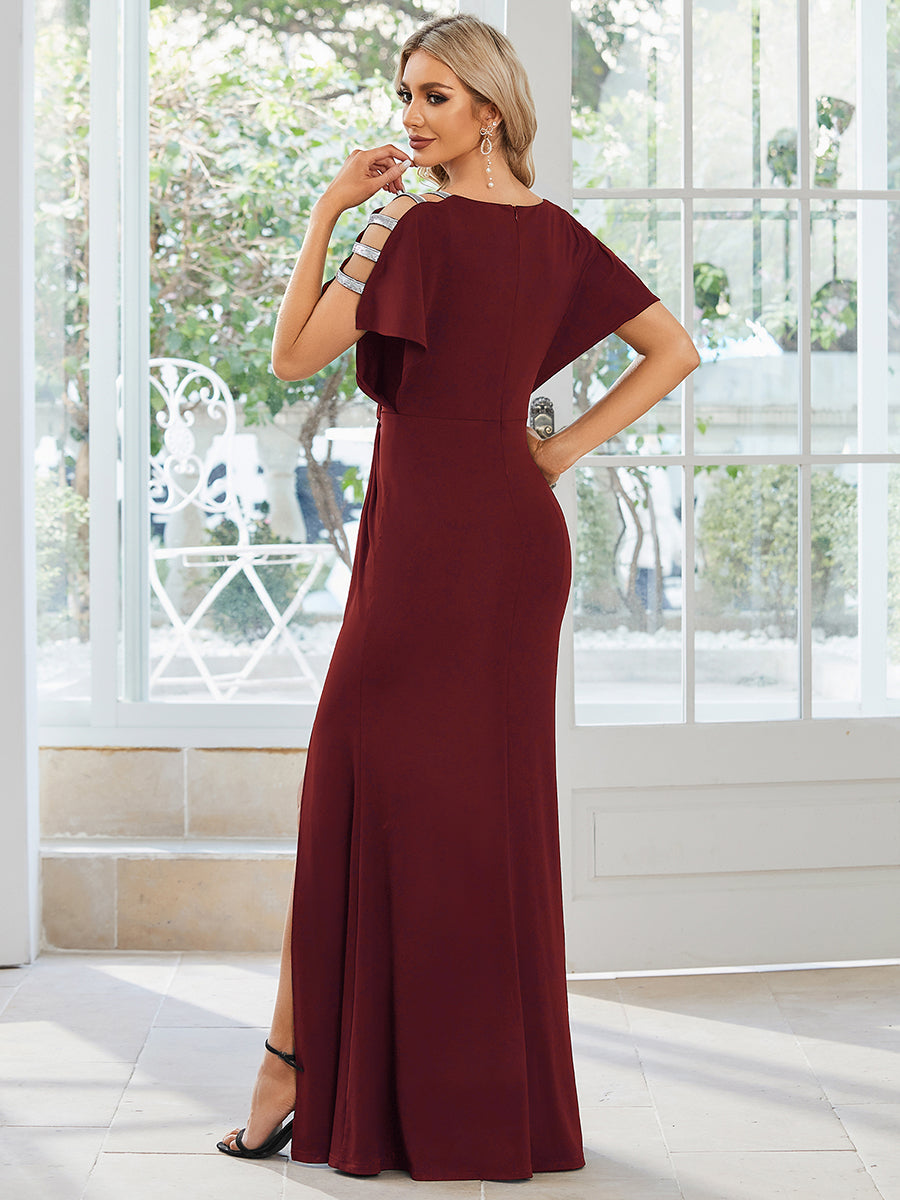 Color=Burgundy | Deep V Neck High Split Pleated Wholesale Evening Dresses-Burgundy 2