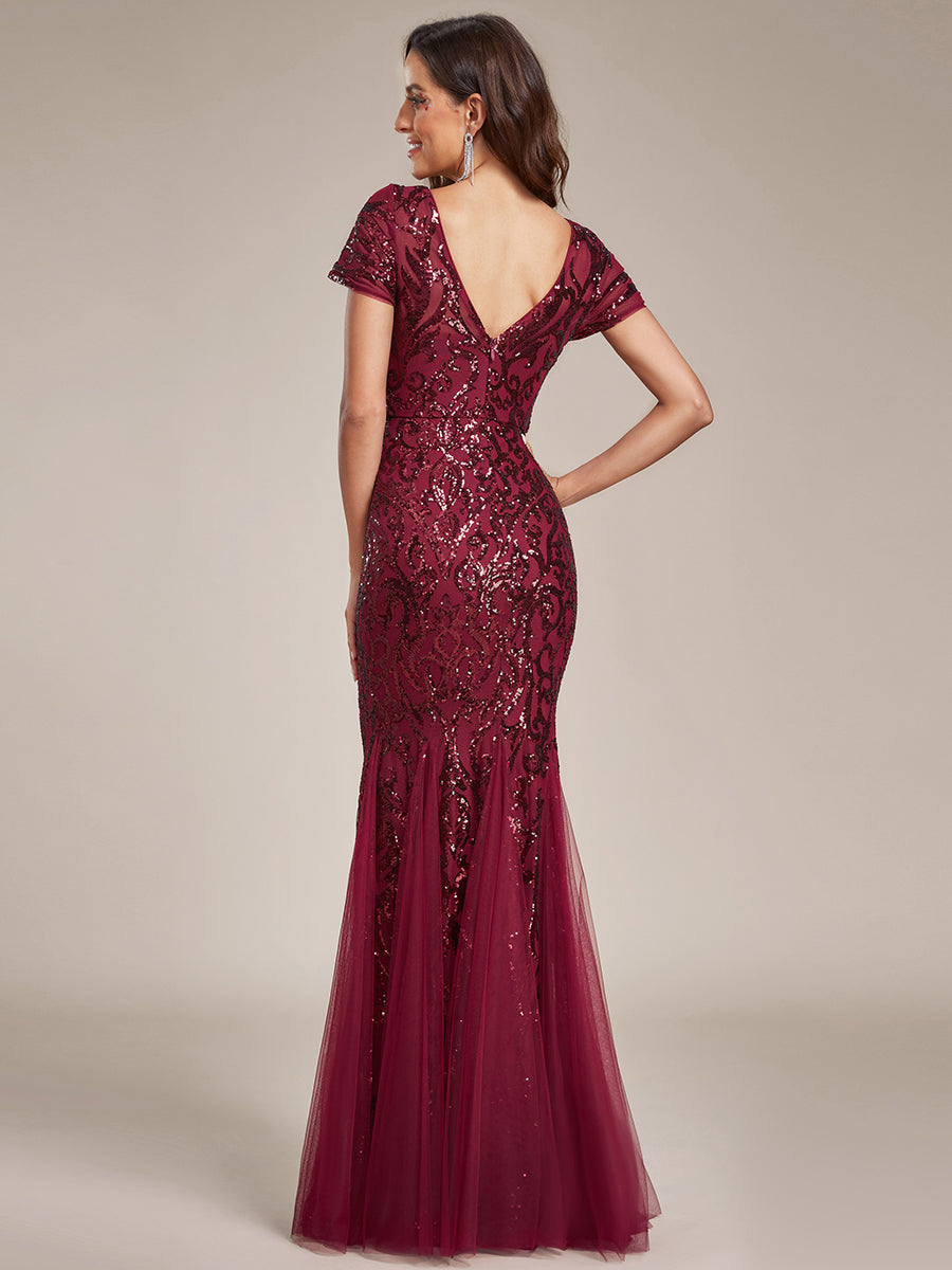 Color=Burgundy | Round Neck Mermaid Sequin & Mesh Wholesale Evening Dresses-Burgundy 2