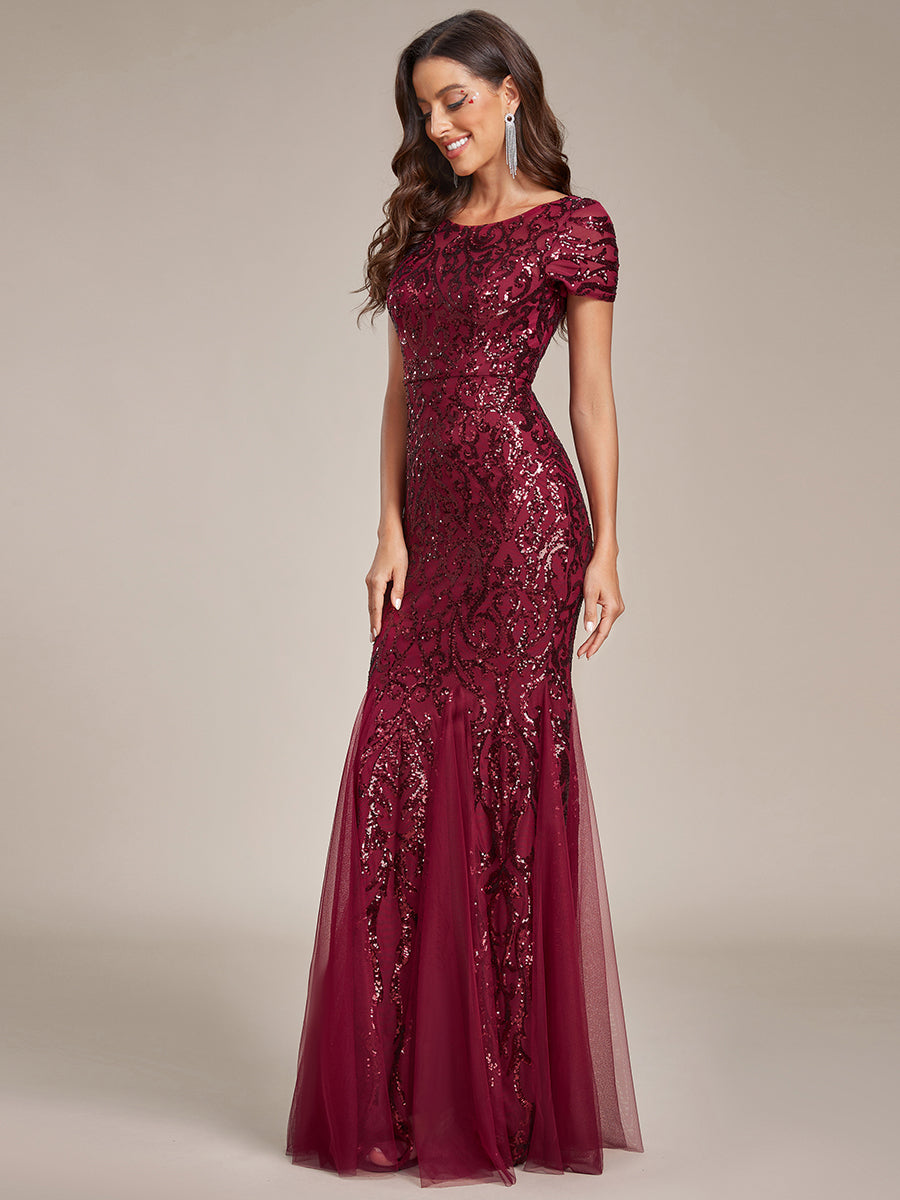 Color=Burgundy | Round Neck Mermaid Sequin & Mesh Wholesale Evening Dresses-Burgundy 3