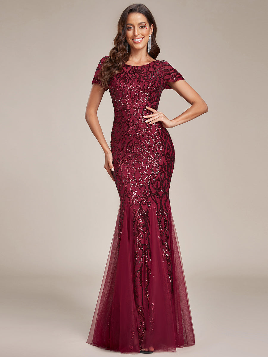 Color=Burgundy | Round Neck Mermaid Sequin & Mesh Wholesale Evening Dresses-Burgundy 1