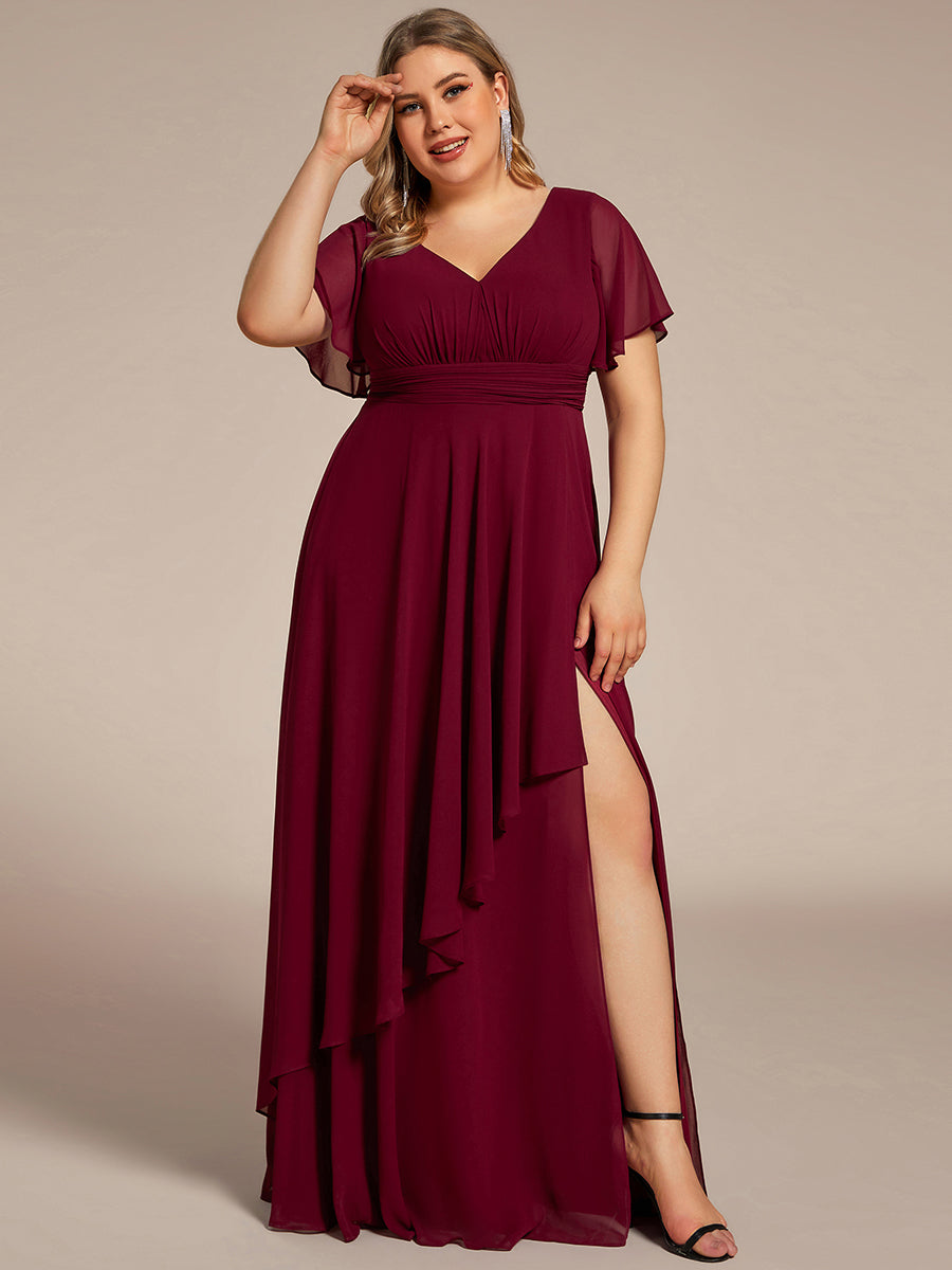 Color=Burgundy | Side Split V Neck Ruched Wholesale Chiffon Bridesmaid Dresses-Burgundy 1