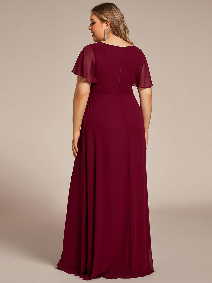 Color=Burgundy | Side Split V Neck Ruched Wholesale Chiffon Bridesmaid Dresses-Burgundy 2