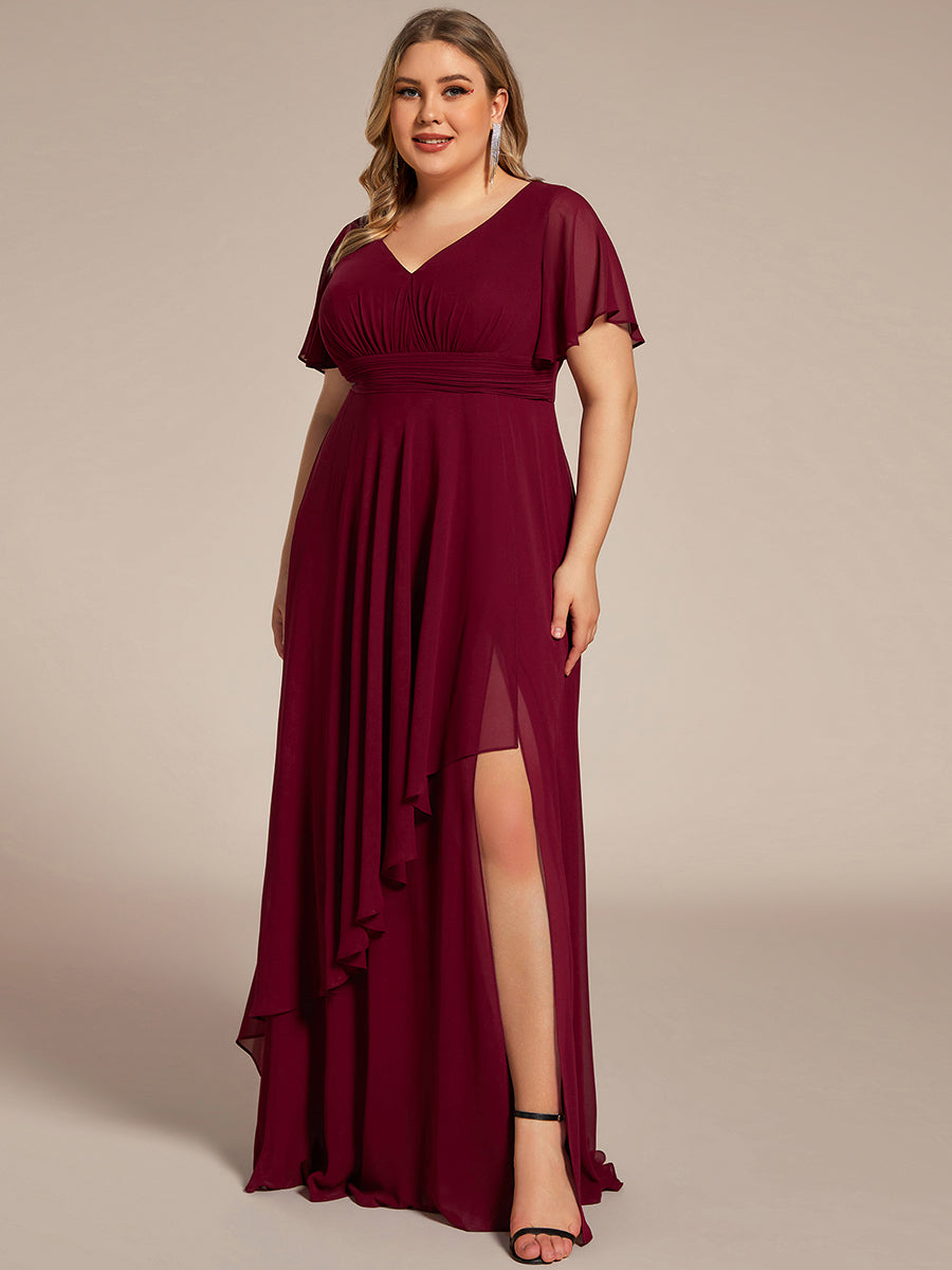 Color=Burgundy | Side Split V Neck Ruched Wholesale Chiffon Bridesmaid Dresses-Burgundy 3