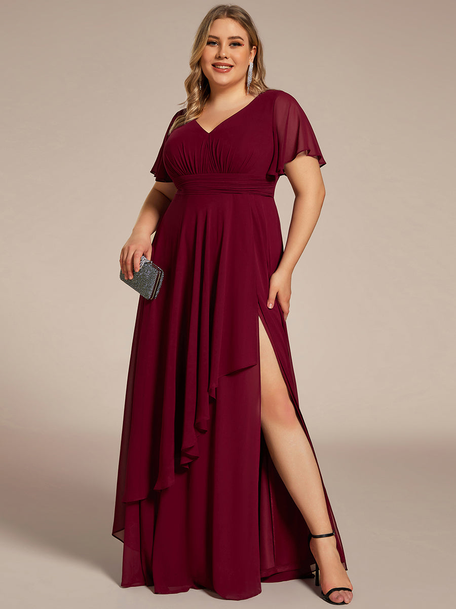 Color=Burgundy | Side Split V Neck Ruched Wholesale Chiffon Bridesmaid Dresses-Burgundy 4