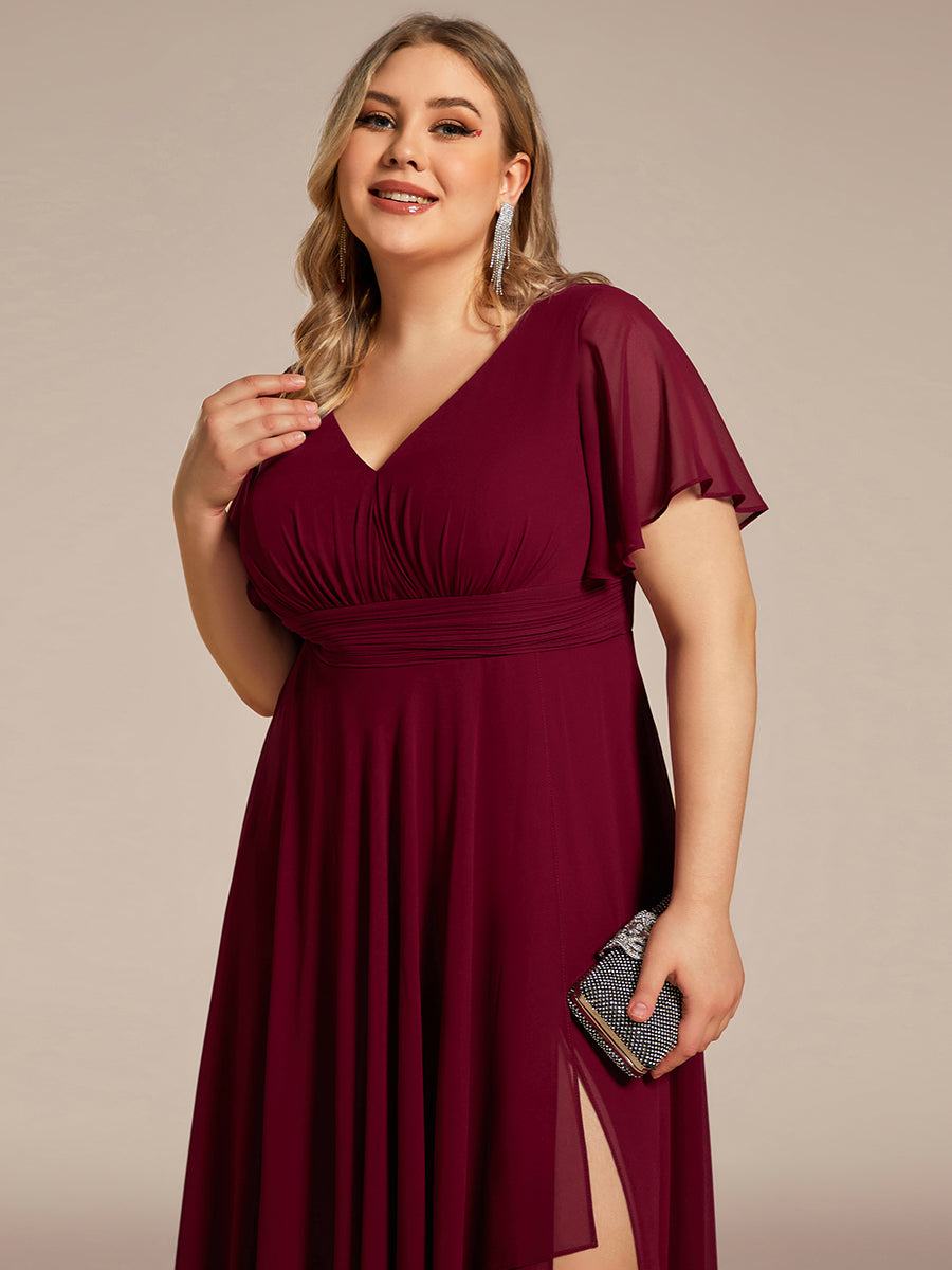 Color=Burgundy | Side Split V Neck Ruched Wholesale Chiffon Bridesmaid Dresses-Burgundy 5