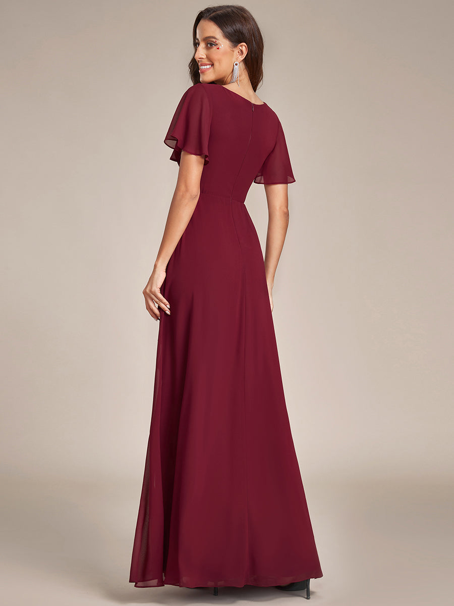 Color=Burgundy | Side Split V Neck Ruched Wholesale Chiffon Bridesmaid Dresses-Burgundy 2