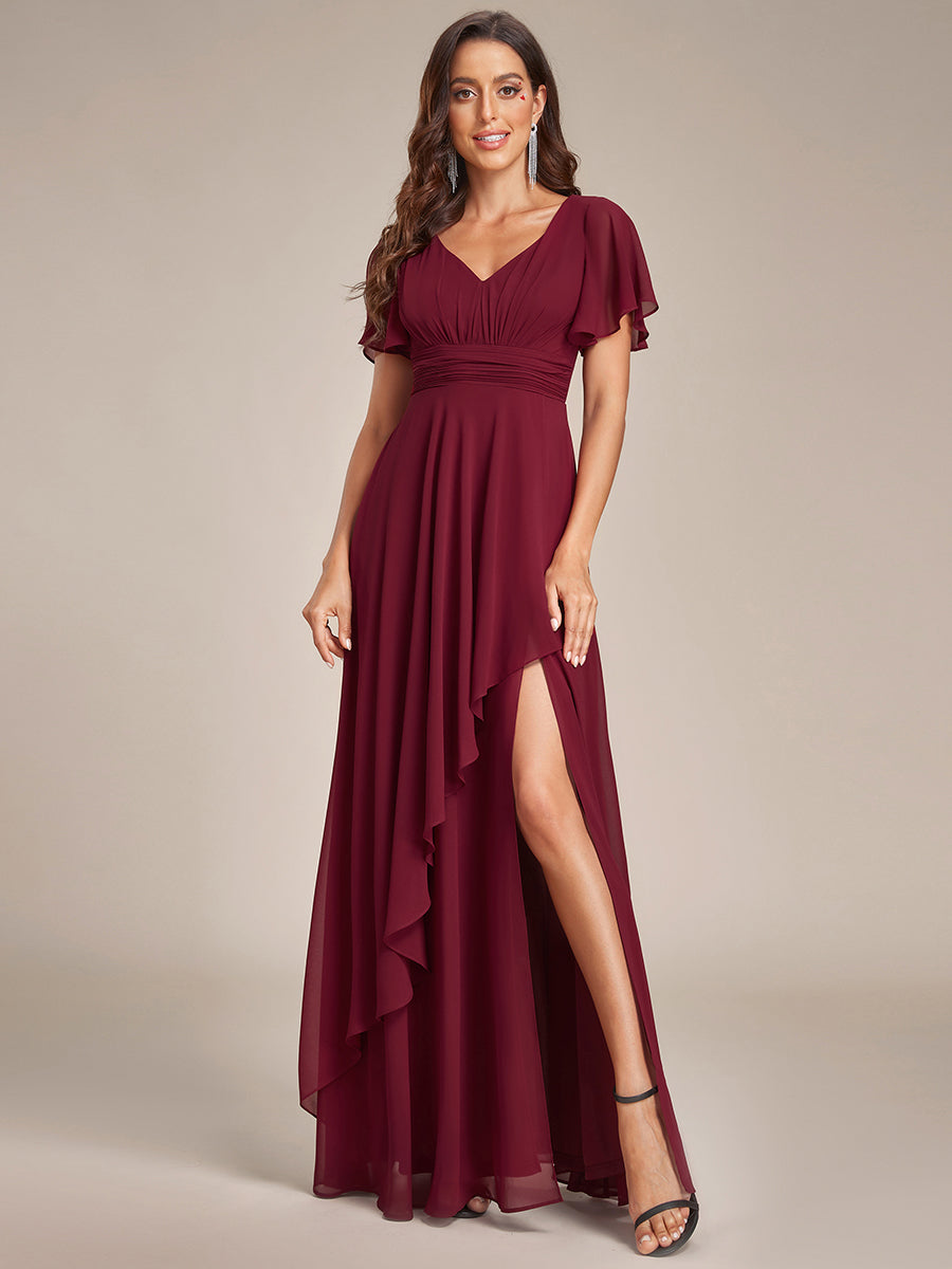Color=Burgundy | Side Split V Neck Ruched Wholesale Chiffon Bridesmaid Dresses-Burgundy 1