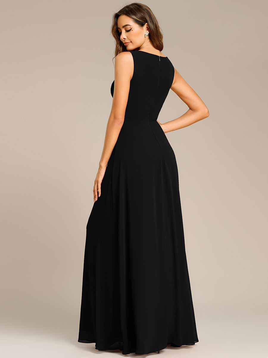 A-Line V Neck Appliques Ruched Wholesale Evening Dresses#Color_Black