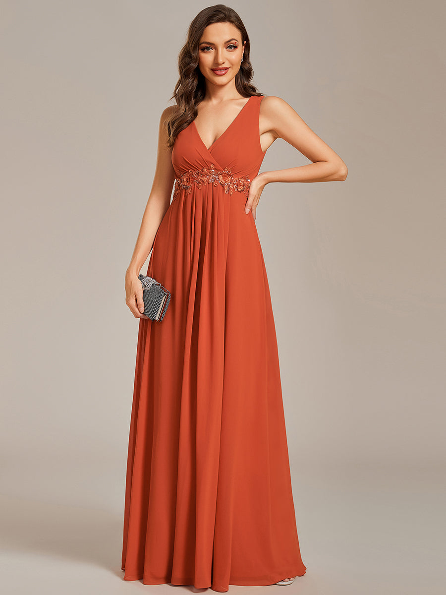 A-Line V Neck Appliques Ruched Wholesale Evening Dresses#Color_Burnt Orange