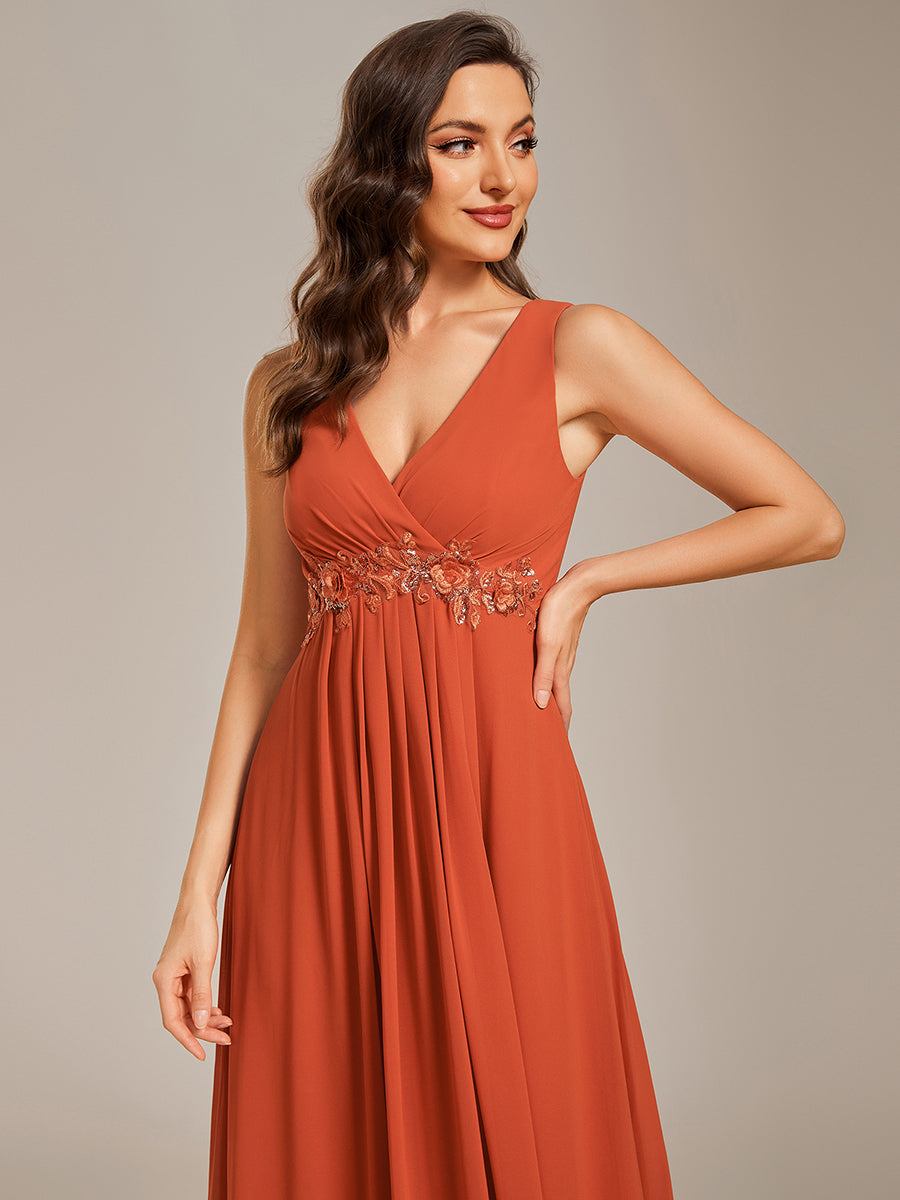 A-Line V Neck Appliques Ruched Wholesale Evening Dresses#Color_Burnt Orange