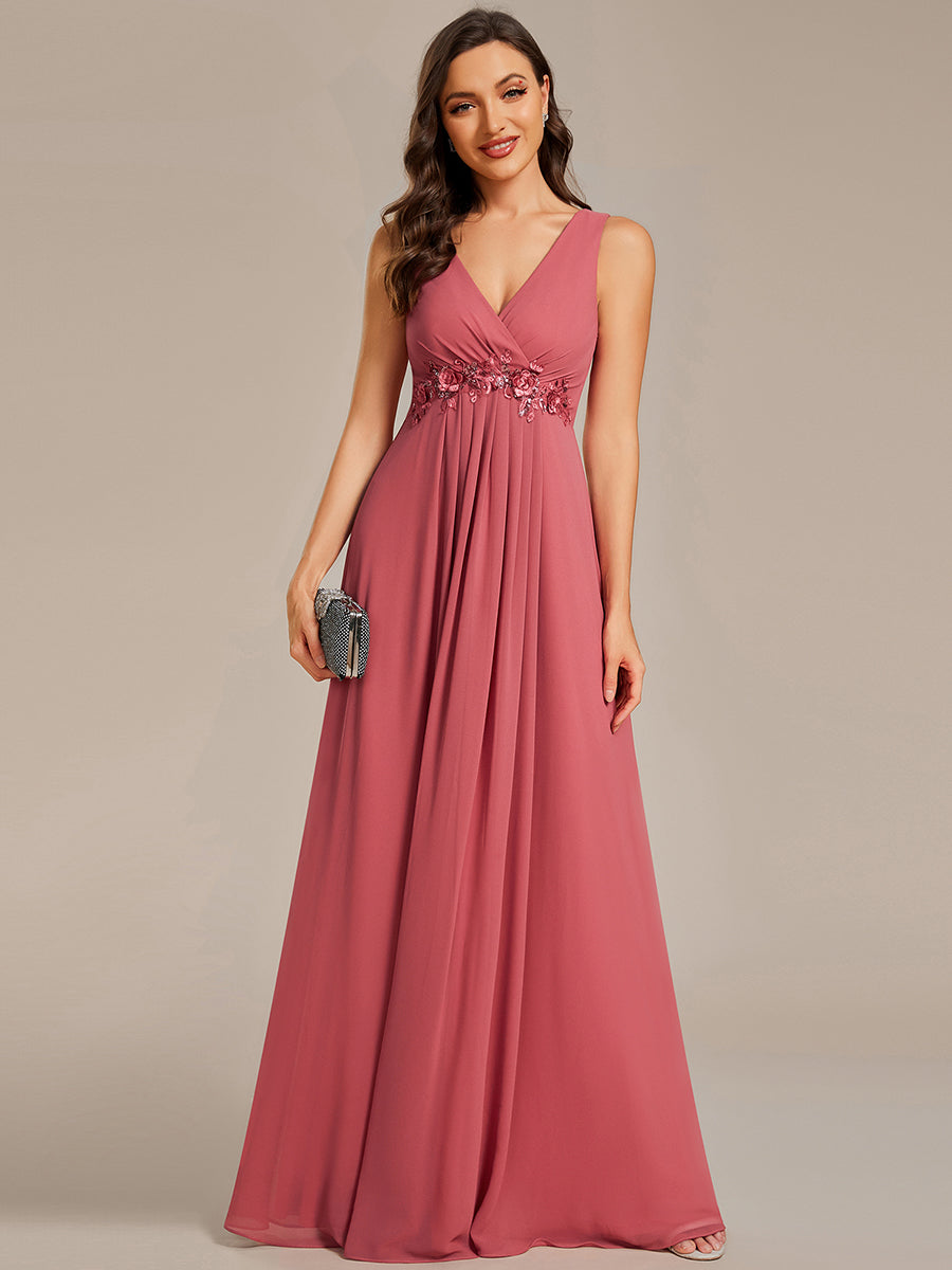 A-Line V Neck Appliques Ruched Wholesale Evening Dresses#Color_Cameo Brown