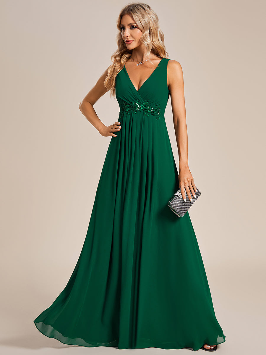 A-Line V Neck Appliques Ruched Wholesale Evening Dresses#Color_Dark Green