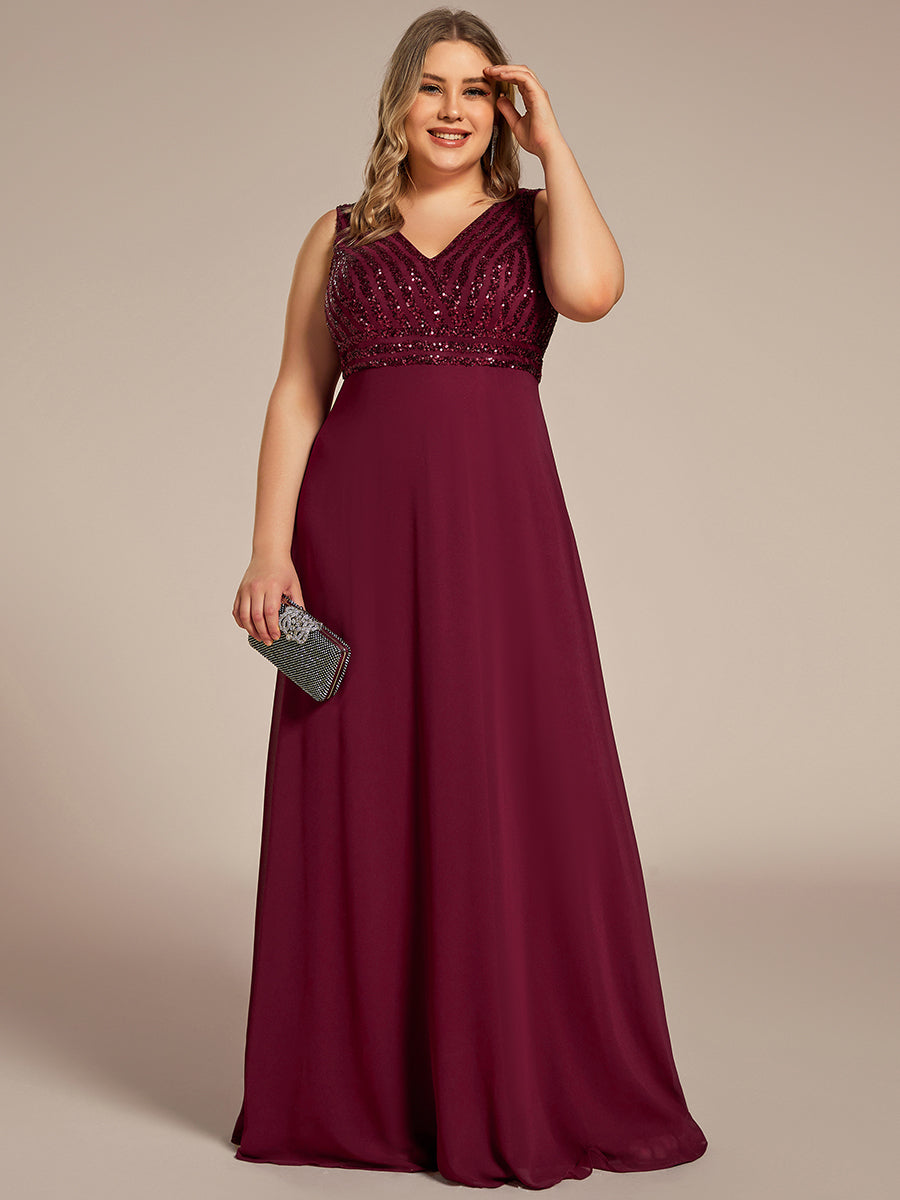 Color=Burgundy | Sleeveless VNeck Sequin & Chiffon Wholesale Evening Dresses-Burgundy 1