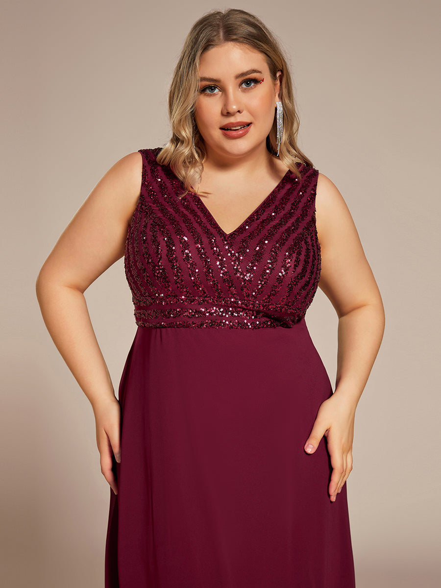 Color=Burgundy | Sleeveless VNeck Sequin & Chiffon Wholesale Evening Dresses-Burgundy 5