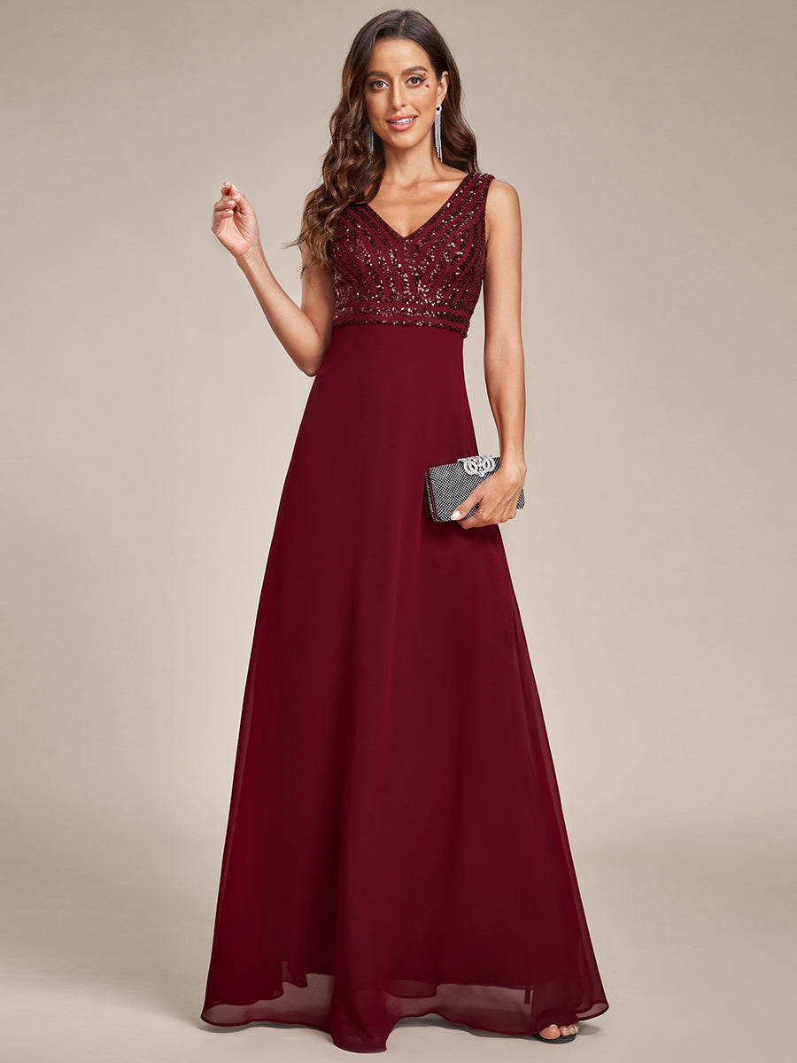 Color=Burgundy | Sleeveless VNeck Sequin & Chiffon Wholesale Evening Dresses-Burgundy 1