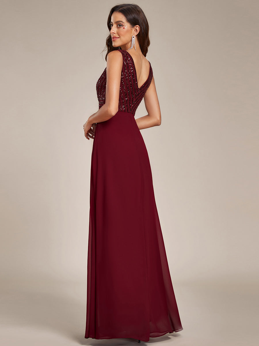 Color=Burgundy | Sleeveless VNeck Sequin & Chiffon Wholesale Evening Dresses-Burgundy 2