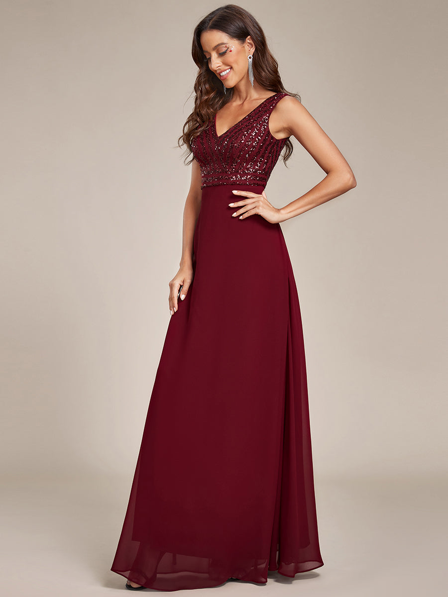 Color=Burgundy | Sleeveless VNeck Sequin & Chiffon Wholesale Evening Dresses-Burgundy 4