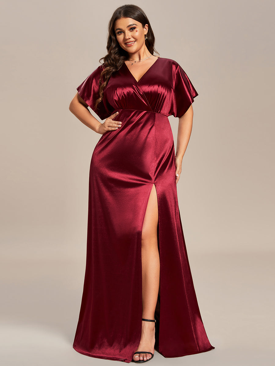 Color=Burgundy | Plus Split Bat-Wing Sleeve Wholesale Stain Evening Dresses-Burgundy 1