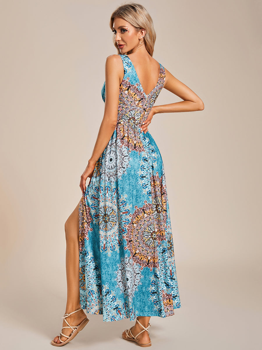 Color=Bohemian Light Blue | Tea Length Side Split Printed Wholesale Evening Dresses With Belt-Bohemian Light Blue 2