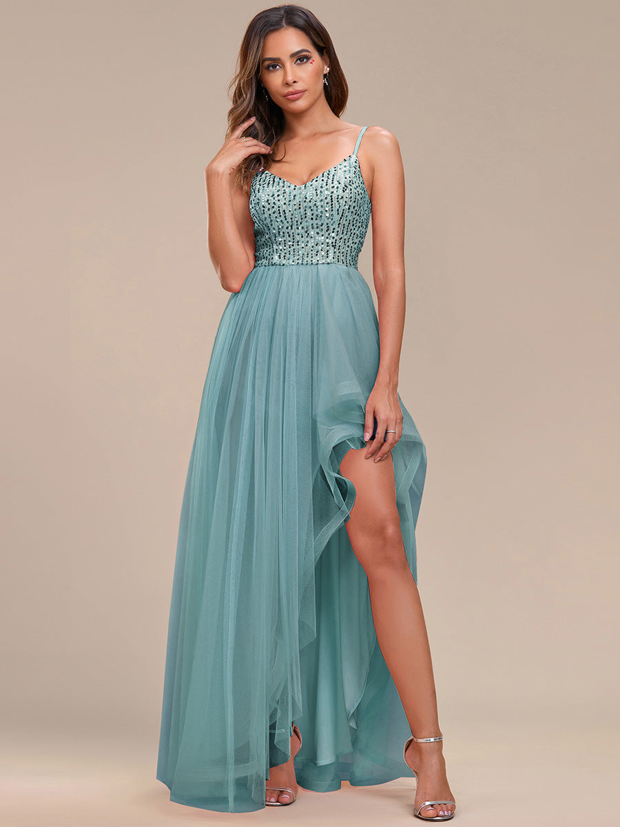 Color=Dusty blue | Spaghetti Straps Asymmetric Wholesale Sequin Tulle Evening Dresses-Dusty blue 1