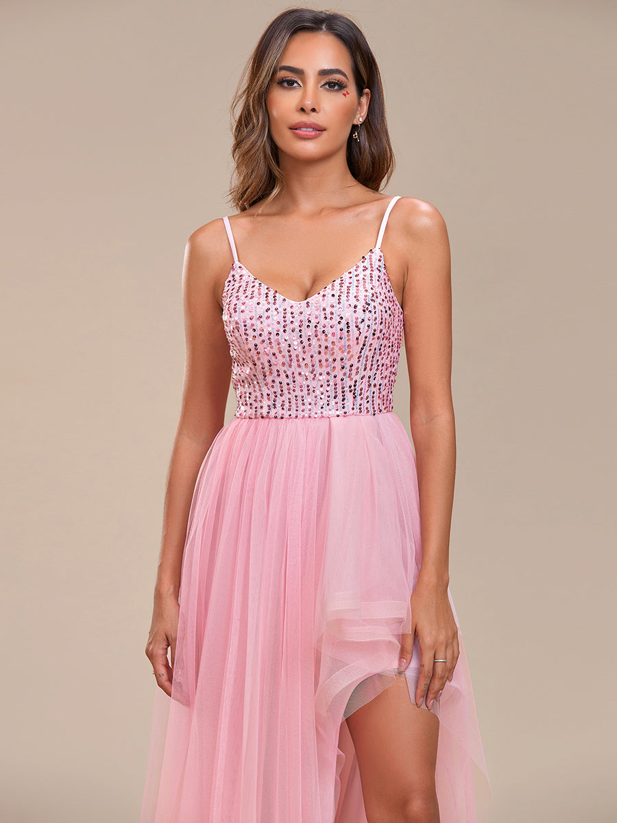 Color=Pink | Spaghetti Straps Asymmetric Wholesale Sequin Tulle Evening Dresses-Pink 5