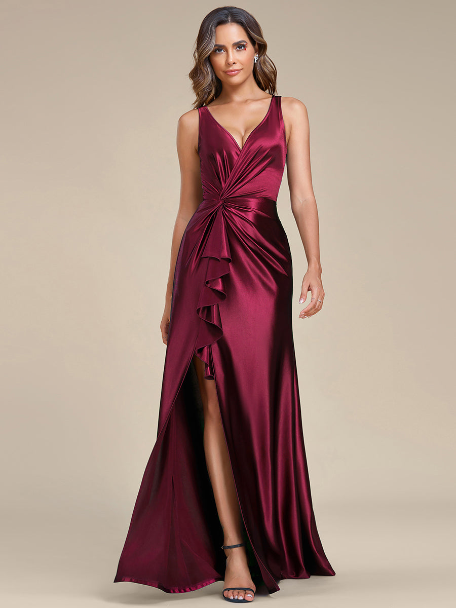 Elegant V Neck Split Ruffles Wholesale Stain Evening Dresses#Color_Burgundy