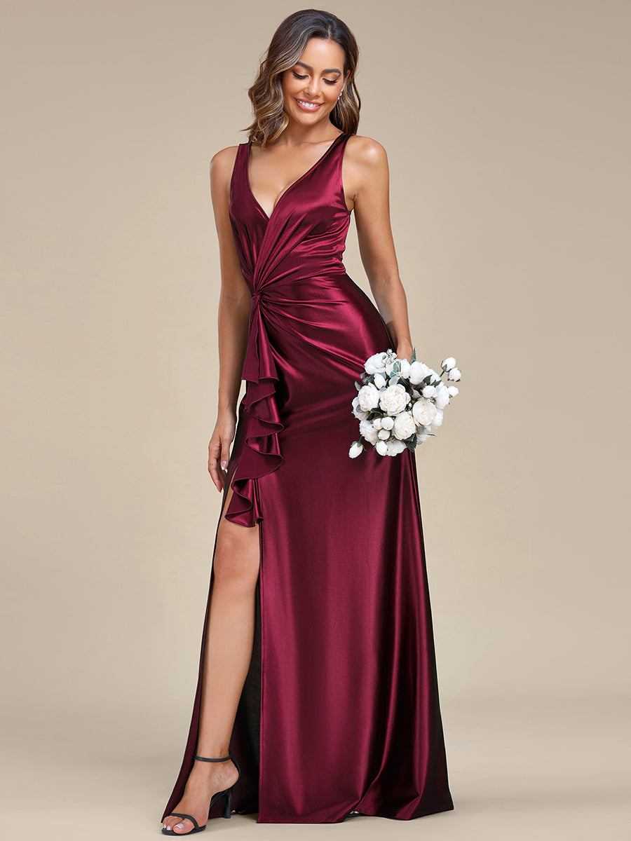 Elegant V Neck Split Ruffles Wholesale Stain Evening Dresses#Color_Burgundy