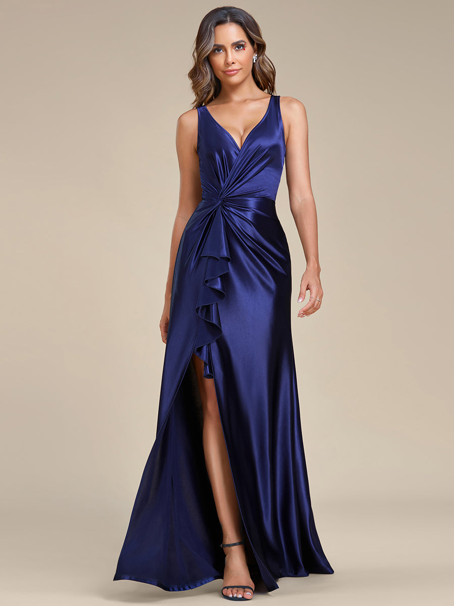 Elegant V Neck Split Ruffles Wholesale Stain Evening Dresses#Color_Navy Blue