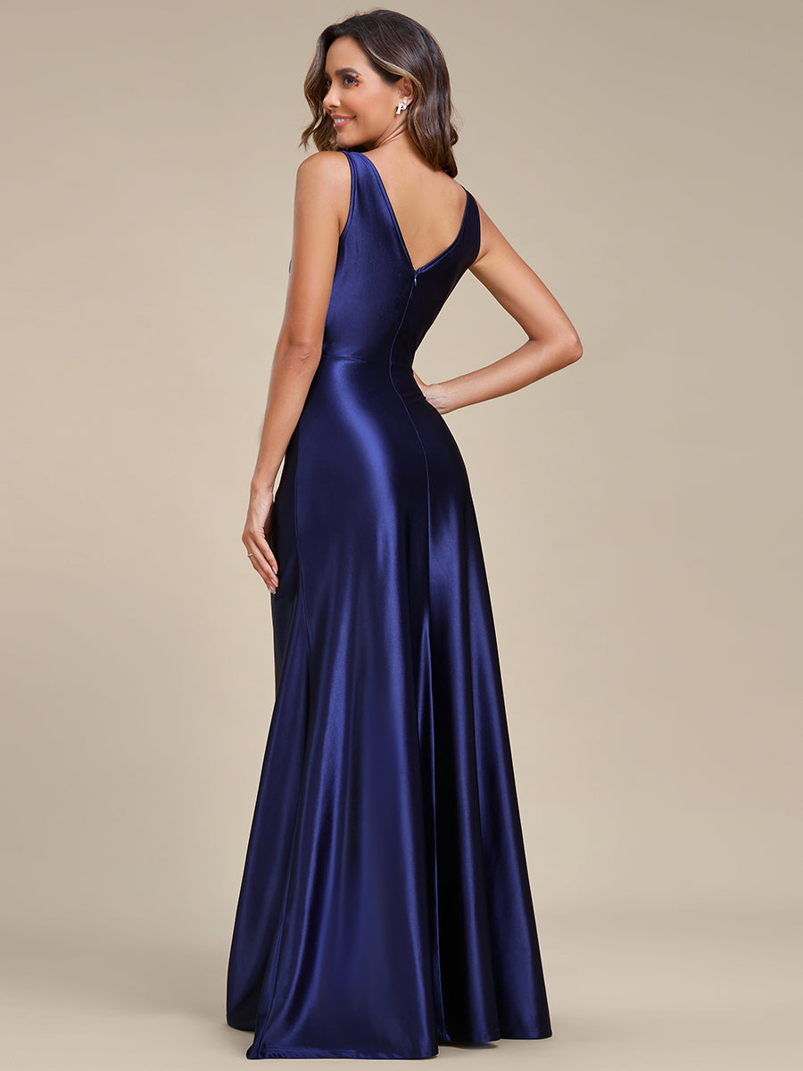 Elegant V Neck Split Ruffles Wholesale Stain Evening Dresses#Color_Navy Blue