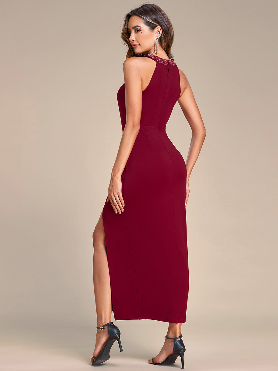 Color=Burgundy | Tea Length Side Split Printed Wholesale Evening Dresses With Belt-Burgundy 2