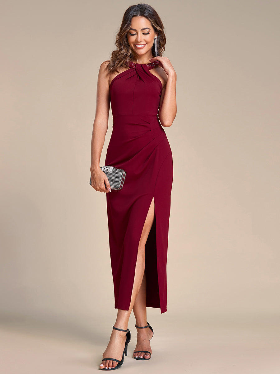 Color=Burgundy | Tea Length Side Split Printed Wholesale Evening Dresses With Belt-Burgundy 4