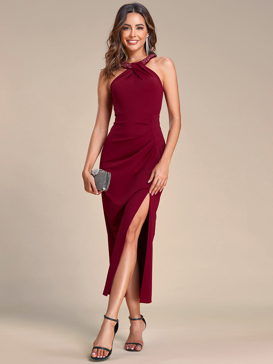 Color=Burgundy | Tea Length Side Split Printed Wholesale Evening Dresses With Belt-Burgundy 1