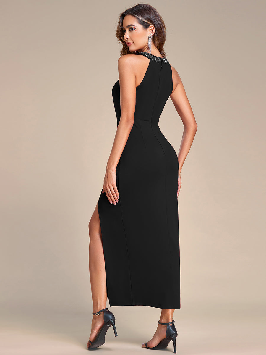 Color=Black | Tea Length Side Split Printed Wholesale Evening Dresses With Belt-Black 2