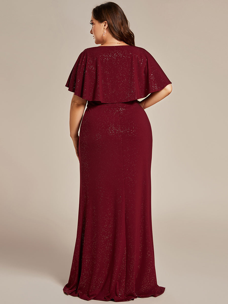 Color=Burgundy | Sparkly Deep V Neck Pleated Wholesale Evening Dresses With Belt-Burgundy 2