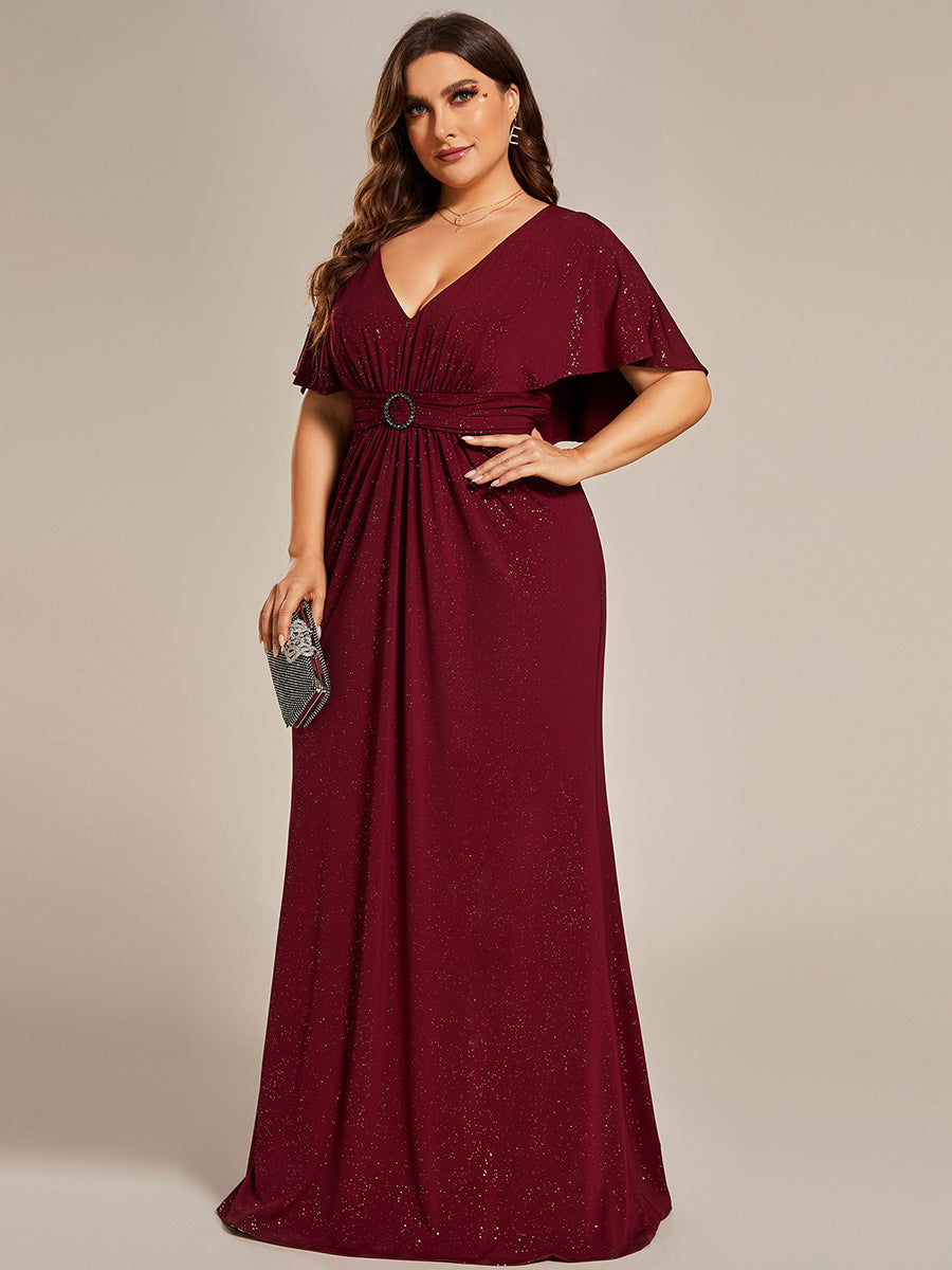 Color=Burgundy | Sparkly Deep V Neck Pleated Wholesale Evening Dresses With Belt-Burgundy 3