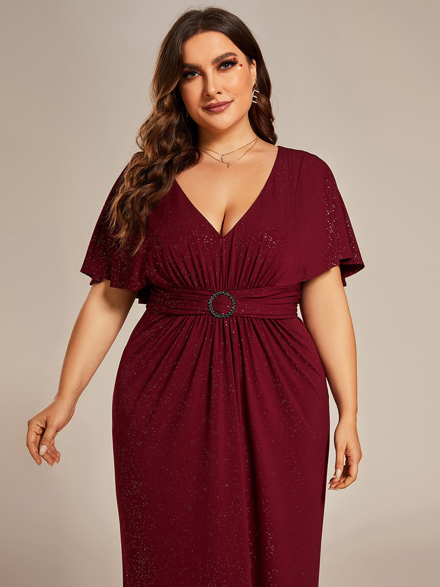 Color=Burgundy | Sparkly Deep V Neck Pleated Wholesale Evening Dresses With Belt-Burgundy 4
