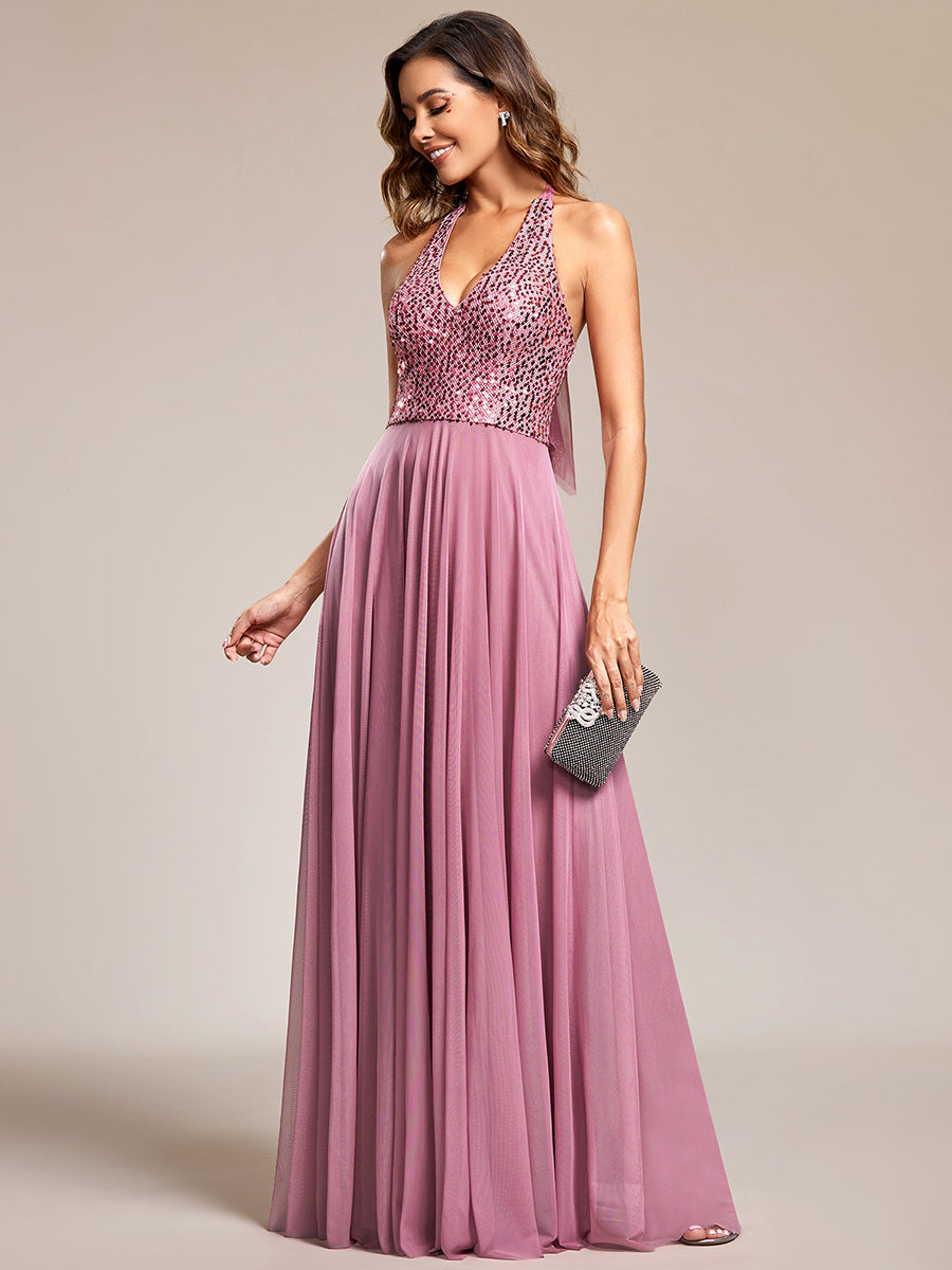 deep v-neck bead mesh sleeveless  Evening Dresses#Color_Orchid