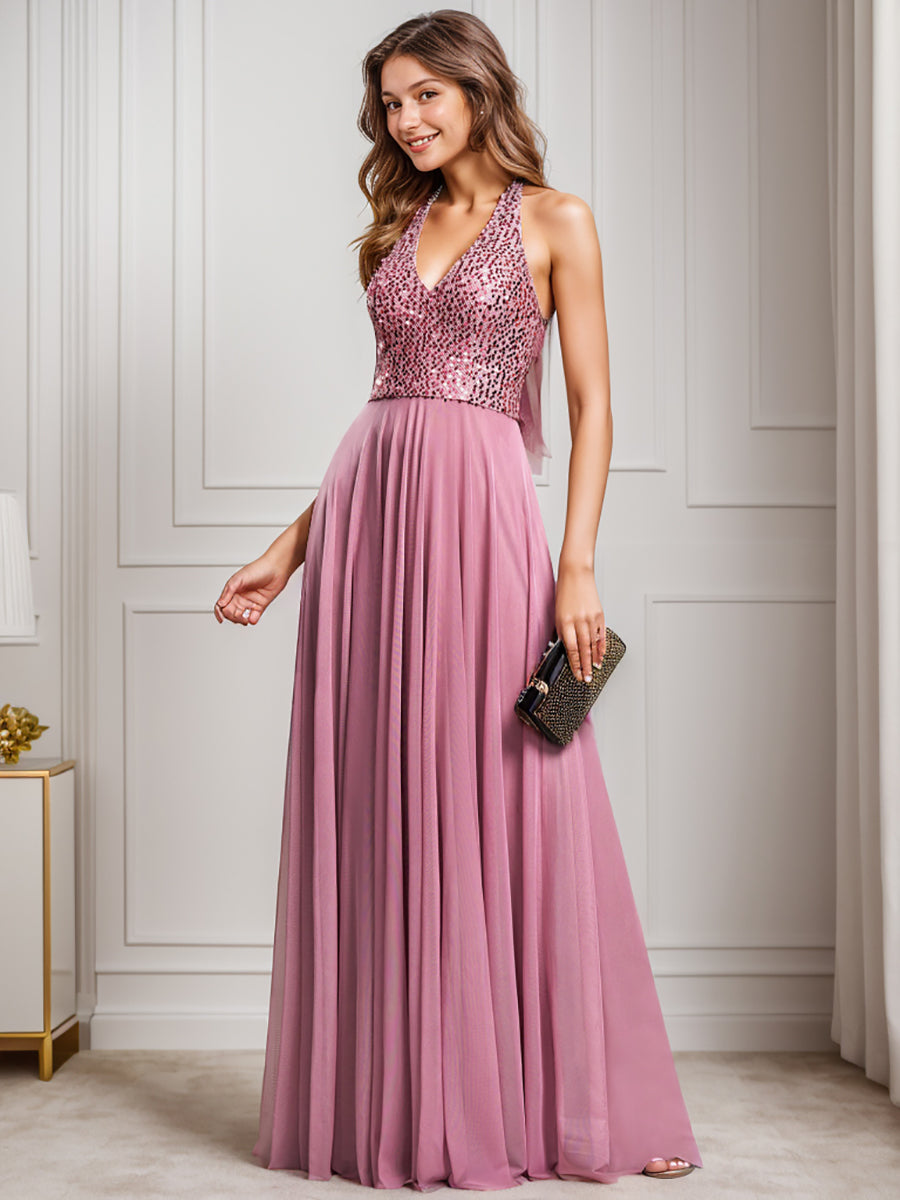 deep v-neck bead mesh sleeveless  Evening Dresses#Color_Orchid